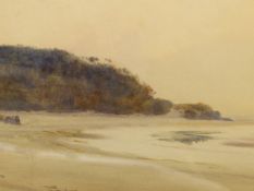 HAMPSON JONES. (1846-1916) SUNLIGHT BY THE SEA, SIGNED WATERCOLOUR. 36 x 71cms.