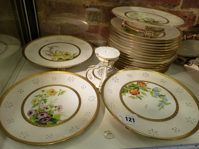 A MINTON'S DESSERT SEVICE, INDISTINCT DATECODES c.1881, PAINTED WITH PATTERN No.B3211 OF FLOWERS