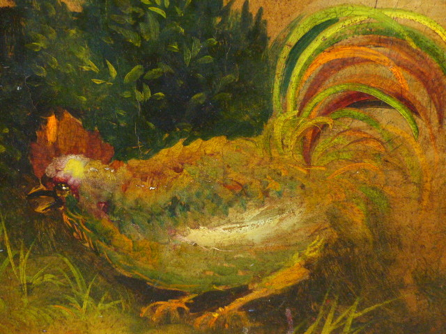 19th/20th.C.SCHOOL. THE COCKEREL, OIL ON LEATHER LAID DOWN. 30 x 40cms.