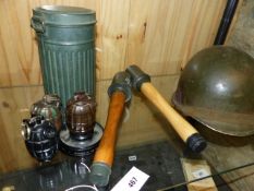 THREE MILLS GRENADES INERT, TABLE ORNAMENTS, TWO REPLICA GERMAN STICK GRENADES, GERMAN GASMASK TIN