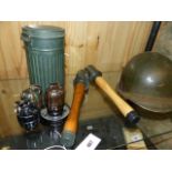 THREE MILLS GRENADES INERT, TABLE ORNAMENTS, TWO REPLICA GERMAN STICK GRENADES, GERMAN GASMASK TIN