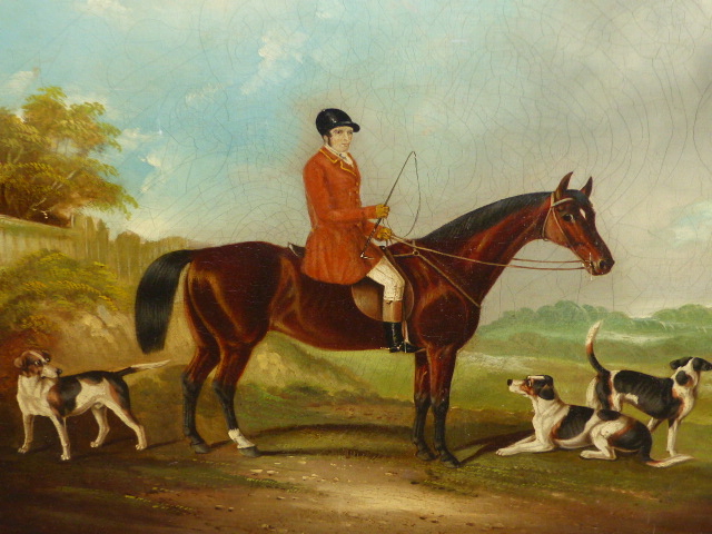 ENGLISH NAIVE SCHOOL. HUNSTMAN WITH HOUNDS, OIL ON CANVAS. 51 x 61cms.