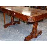 A VICTORIAN MARQUETRY ROSEWOOD WRITING TABLE, THE ROUNDED RECTANGLUAR TOP EDGED