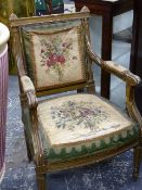 A PAIR OF FRENCH LOUIS XVI STYLE GILTWOOD ARMCHAIRS WITH TAPESTRY SEATS.