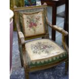 A PAIR OF FRENCH LOUIS XVI STYLE GILTWOOD ARMCHAIRS WITH TAPESTRY SEATS.