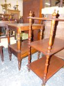 A MAHOGANY THREE TIER ETAGERE AND ANOTHER OF TWO RECTANGULAR TIERS, THE FIRST SUPPORTED BY