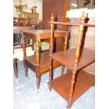 A MAHOGANY THREE TIER ETAGERE AND ANOTHER OF TWO RECTANGULAR TIERS, THE FIRST SUPPORTED BY