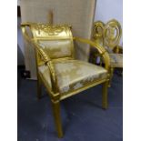 A NEO-CLASSICAL STYLE GILTWOOD ARMCHAIR, THE CURVED TOP RAIL WITH FOLIAGE AND SCROLLS IN RELIEF