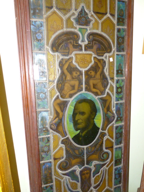 AN OLD STAINED GLASS LEADED PANEL LATER MOUNTED IN A WOODEN FRAME. 67 x 204cms. - Image 5 of 7