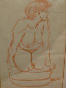 20th.C.CONTINENTAL SCHOOL. SEATED NUDE, PENCIL, BEARING A STUDIO STAMP. 52 x 43cms TOGETHER WITH A