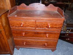 A VICTORIAN PINE GALLERY TOP CHEST OF TWO SHORT AND TWO LONG DRAWERS WITH ORIGINAL PAINT DECORATION.