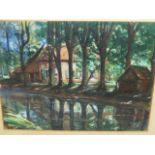 EARLY 20th.C.GERMAN SCHOOL. A RIVERSIDE COTTAGE, SIGNED INDISTINCTLY WATERCOLOUR. 39 x 48cms.
