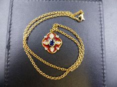 AN 18ct GOLD SAPPHIRE, DIAMOND AND RED ENAMEL PENDANT SUSPENDED ON AN 18ct BULGARI BELCHER NECKLACE.