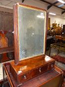 A GEORGIAN INLAID MAHOGANY DRESSING TABLE MIRROR ON THREE DRAWER BASE.