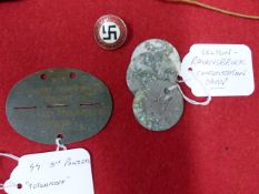 3RD SS PANXER GRENADIERS TOTENKOPF IDENTITY TAGS, THREE CAMP TAGS AND A PARTY BADGE.