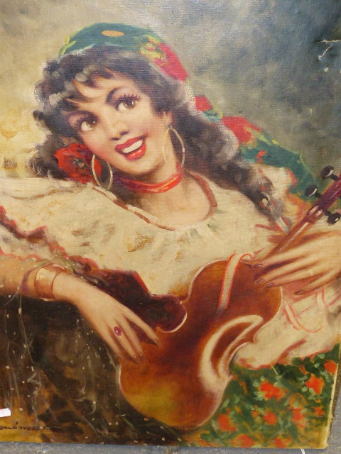 20th.C.CONTINENTAL SCHOOL. THE GYPSY FIDDLER, SIGNED INDISTINCTLY, OIL ON CANVAS, UNFRAMED. 80 x