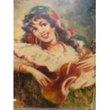 20th.C.CONTINENTAL SCHOOL. THE GYPSY FIDDLER, SIGNED INDISTINCTLY, OIL ON CANVAS, UNFRAMED. 80 x
