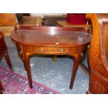 AN INLAID MAHOGANY GEO.III STYLE DEMI LUNE SIDE TABLE WITH BRASS BACK RAIL AND APRON DRAWER