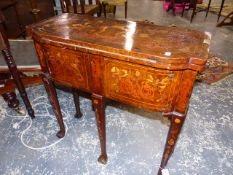 A DUTCH FLORAL MARQUETRIED WALNUT GAMES TABLE/SIDE CABINET, THE BAIZE LINED ROUNDED FRONT TOP