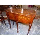 A DUTCH FLORAL MARQUETRIED WALNUT GAMES TABLE/SIDE CABINET, THE BAIZE LINED ROUNDED FRONT TOP