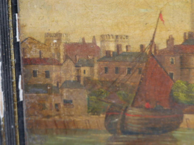 19th.C.ENGLISH NAIVE SCHOOL. THE TOWER OF LONDON, OIL ON CANVAS. 31 x 40.5cms. - Image 6 of 9