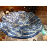 AN ANTIQUE GERMAN DELFT BLUE AND WHITE DISH WITH NINE FLORAL AND CHINOISERIE PANELS ENCLOSING THE