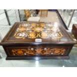 A FLORAL MARQUETRY EBONY HUMIDOR, THE HINGED RECTANGULAR LID OVER COMPARTMENT INTERIOR.