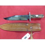 A 20th.C.BOWIE KNIFE WITH 24cms LONG BLADE, ETCHED AND GILT DECORATION MARKED THE CALIFORNIA KNIFE