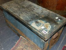 A BLUE PAINTED PINE BOX. W.67cms TOGETHER WITH TWO CANVAS BAGGED FOLDING CAMPAIGN CHAIRS.