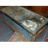 A BLUE PAINTED PINE BOX. W.67cms TOGETHER WITH TWO CANVAS BAGGED FOLDING CAMPAIGN CHAIRS.