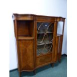 A PARQUETRY SATINWOOD INLAID EDWARDIAN DISPLAY CABINET, OVAL GLAZING BARS TO THE CENTRAL DOOR