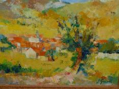 20th.C.CONTINENTAL SCHOOL. A RURAL VILLAGE, SIGNED INDISTINCTLY, OIL ON CANVAS. 50.5 x 61cms.