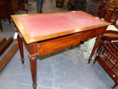 A 19th.C.MAHOGANY WRITING LIBRARY TABLE WITH INSET TOP, TWO APRON DRAWERS AND END SLIDES, BRASS