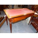 A 19th.C.MAHOGANY WRITING LIBRARY TABLE WITH INSET TOP, TWO APRON DRAWERS AND END SLIDES, BRASS