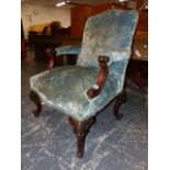 A 19th.C.MAHOGANY ARMCHAIR WITH UPHOLSTERED BACK AND SEAT, THE ARMS WITH SCROLLED SUPPORTS, THE