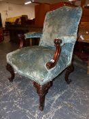 A 19th.C.MAHOGANY ARMCHAIR WITH UPHOLSTERED BACK AND SEAT, THE ARMS WITH SCROLLED SUPPORTS, THE
