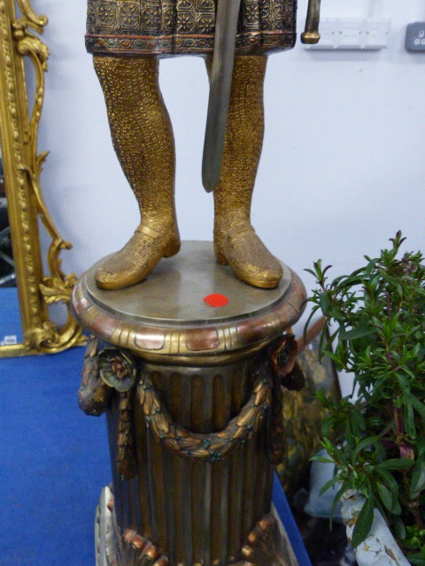 A PAIR OF GILT AND SILVERED BRONZE FIGURES OF FRENCH KNIGHTS STANDING ON SWAGGED COLUMNS - Image 5 of 12