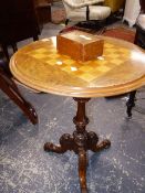 A WALNUT TRIPOD TABLE, THE ROUND TOP INLAID WITH A CHESS BOARD. H.70 x Dia.55cms TOGETHER WITH A RED