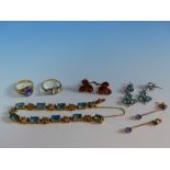 AN 18ct TRIPLE MOONSTONE RING, A PAIR OF 9ct GOLD CITRINE EARRINGS, A GOLD AND GEMSET BRACELET, A