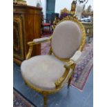 A PAIR OF FRENCH CARVED GILTWOOD LOUIS XVI STYLE SALON ARMCHAIRS WITH OVAL BACKS AND SHAPED SEATS