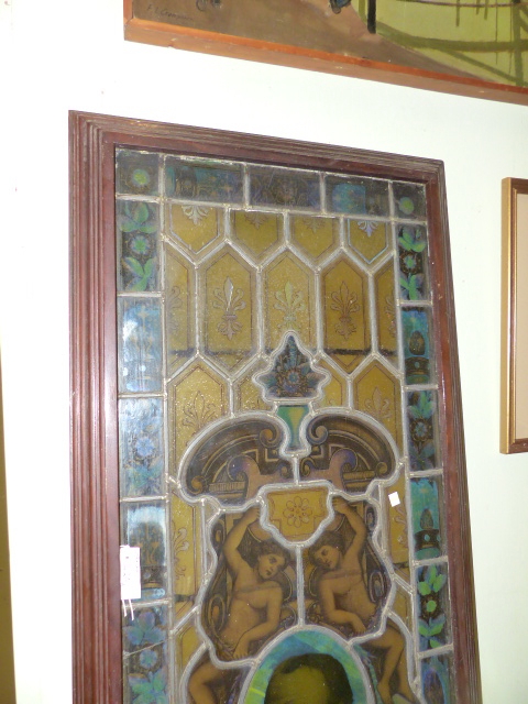 AN OLD STAINED GLASS LEADED PANEL LATER MOUNTED IN A WOODEN FRAME. 67 x 204cms. - Image 6 of 7