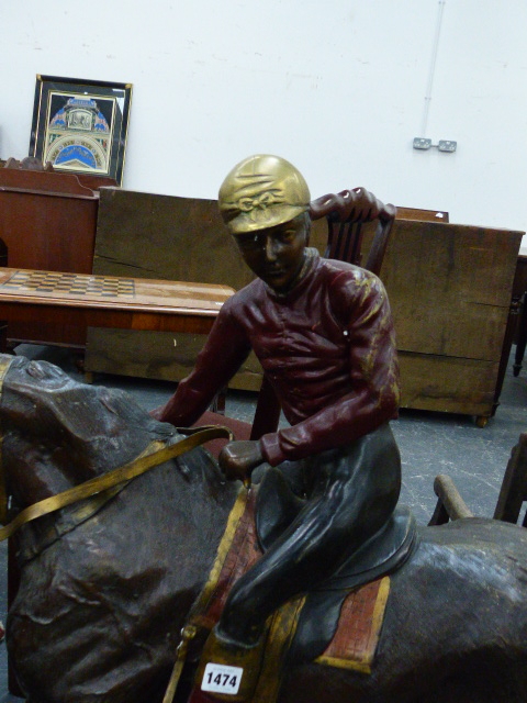 A LARGE BRONZE FIGURE OF A HORSE AND JOCKEY AFTER THE 19th.C.ORIGINAL. H.100cms. - Image 3 of 13