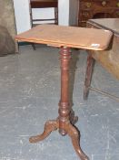 A VICTORIAN OAK AND INLAID CHEQUERBOARD TOP OCCASIONAL TABLE ON CARVED TURNED TRIPOD LEGS. 44 x 31 x