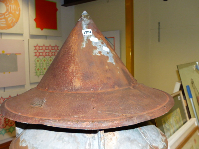 A SHEET PARTIALLY TINNED IRON CHIMNEY COWL, THE HAT SHAPED TOP WITH GILT SPIRE FINIAL AND RAISED - Image 4 of 8