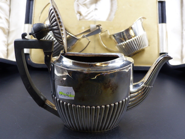 A CAMPBELL & LUMBY CASED SILVER THREE PIECE TEASET, THE HALF GADROONED TEA POT AND CREAM JUG, - Image 10 of 12