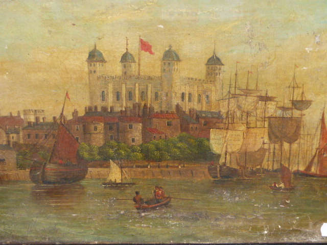 19th.C.ENGLISH NAIVE SCHOOL. THE TOWER OF LONDON, OIL ON CANVAS. 31 x 40.5cms. - Image 2 of 9