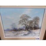 20th.C.SCHOOL. A WINTER LANDSCAPE WITH PHEASANTS, SIGNED OIL ON BOARD. 21 x 26cms.