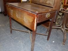 A 19th.C.COLONIAL HARDWOOD DROP LEAF SUPPER TABLE WITH END DRAWER ON CHAMFERED SQUARE TAPERED LEGS