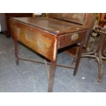 A 19th.C.COLONIAL HARDWOOD DROP LEAF SUPPER TABLE WITH END DRAWER ON CHAMFERED SQUARE TAPERED LEGS