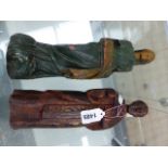 A CARVED WOOD POLYCHROME MADONNA. H.30cms TOGETHER WITH A SAINTLY MONK. 27.5cms.